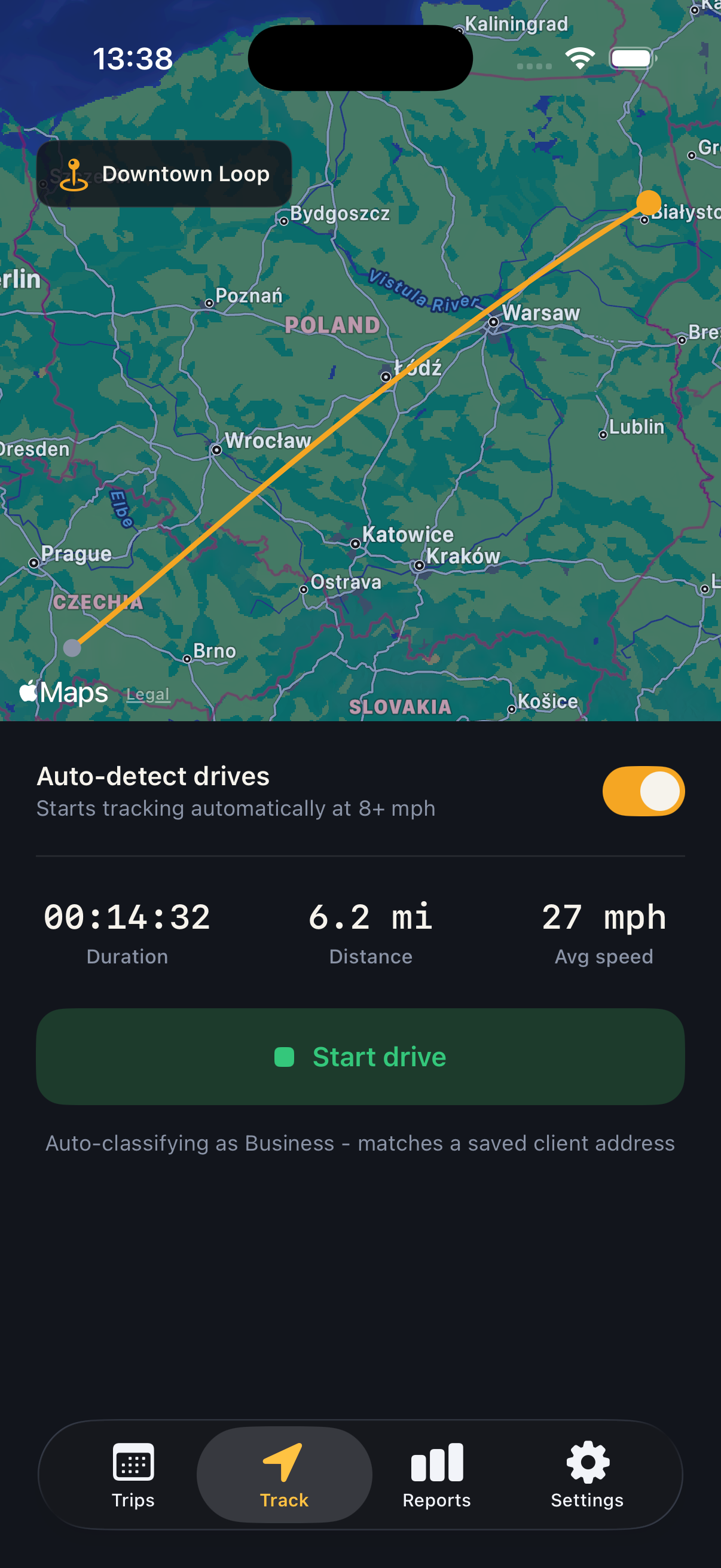 Odomo trip tracking map on iPhone